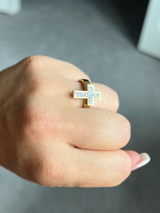 stainless steel Jewelry - Gold Cross Ring with Pavé Crystals - Women
